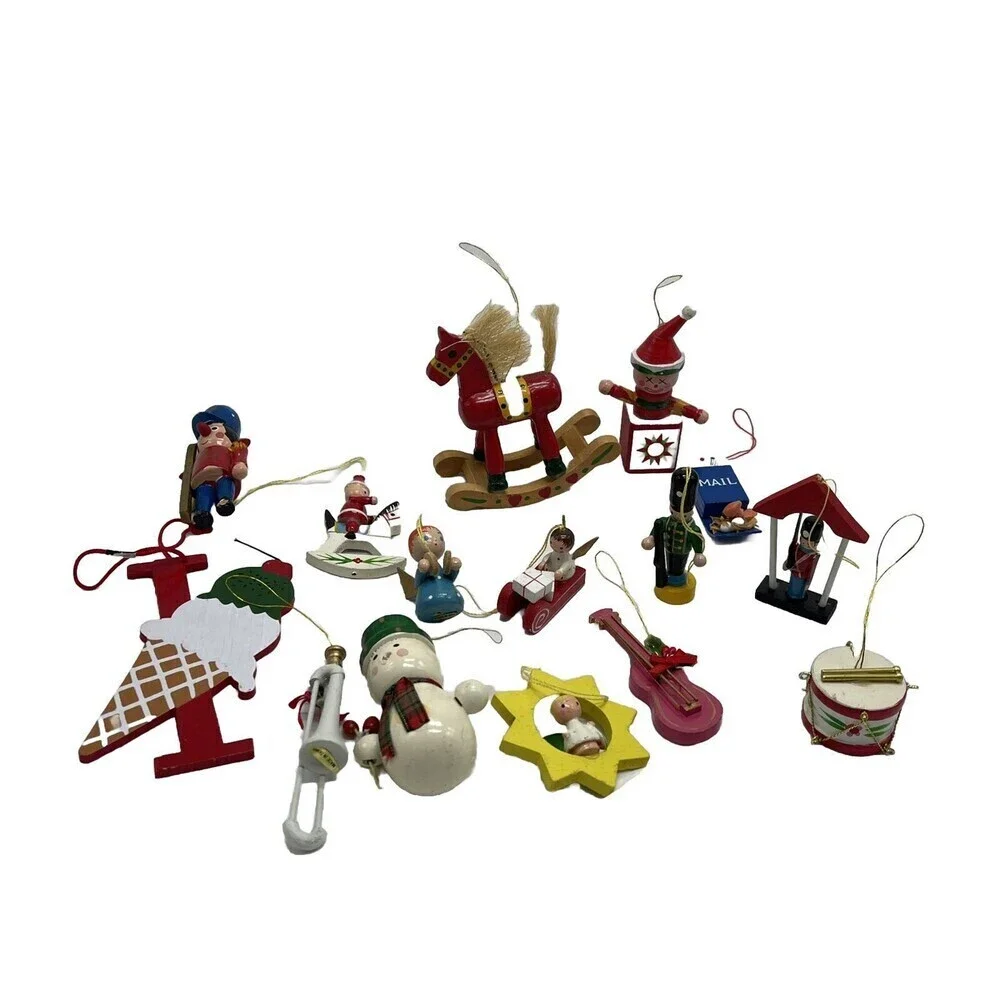 Lot 15 Christmas Ornaments Wood Vintage Mini Wooden Painted Angel Drum Snowman